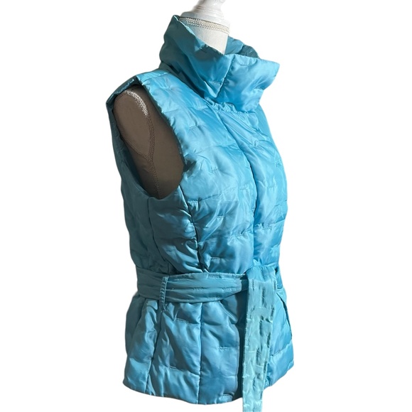 Goose Down Puffer Vest M Feather Cluster Turtleneck Zip Belted Embroidered Blue - Picture 6 of 13